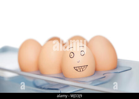 Anthropomorphe und schlichten braunen Eiern im Karton vor weißem Hintergrund Stockfoto