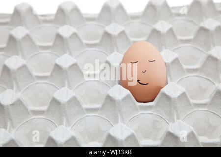 Anthropomorphe Gesicht gezeichnet auf braune Ei in leeren Karton Stockfoto