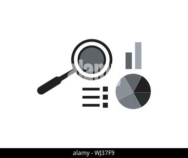 Marketing Data Analytics, Analyse von Statistiken, Lupe mit Börse Grafik zahlen. Flache Symbol modernen Stil-Vektor Stock Vektor