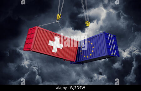 Schweiz und Europa Handelskrieg Konzept. Rattern der Frachtcontainer. 3D-Rendering Stockfoto