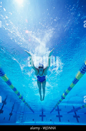 Volle Länge des weiblichen Schwimmer in Vereinigten Staaten Badeanzug schwimmen im pool Stockfoto
