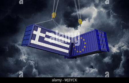 Griechenland und Europa Handelskrieg Konzept. Rattern der Frachtcontainer. 3D-Rendering Stockfoto