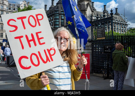 MPS sind im Palace of Westminster angekommen, um nach der Sommerpause wieder ihre Aufgaben aufzunehmen, zumindest bis zum Vorabend des Parlaments nächste Woche. Demonstranten haben sich gegen den Brexit und gegen Boris Johnsons Entscheidung, das Parlament zu suspendieren, versammelt. Stoppt die Putschplakette Stockfoto