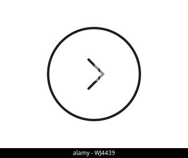 Schwarz, abgerundete Pfeil im schwarzen Kreis Symbol. Auf weiß isoliert. Icon fortsetzen. Nächste unterzeichnen. Osten Pfeil. - Vektor Stock Vektor