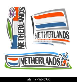 Vector Abbildung: Logo für die Niederlande, 3 isolierte Illustrationen: vertikale Dutch National State Flag Bild mit lila Tulpe, Symbol der Netherlan Stock Vektor