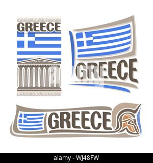 Vector Abbildung: Logo für Griechenland, bestehend aus 3 isolierte Illustrationen: Griechische nationale State Flag am Parthenon, Symbol der griechischen Architektur Stock Vektor