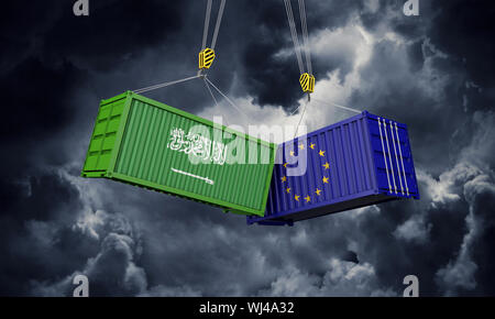 Saudi Arabien und Europa Handelskrieg Konzept. Rattern der Frachtcontainer. 3D-Rendering Stockfoto