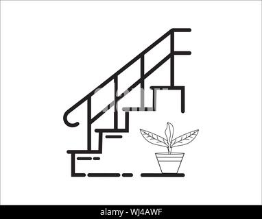 Treppenhaus mit Topfpflanzen-Symbol in minimaler Linienkontur Stock Vektor