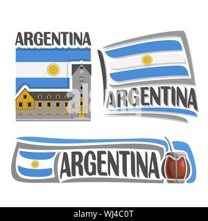 Vektor logo für Argentinien, 3 isolierte Illustrationen: Bariloche auf Hintergrund der nationalen State Flag, Symbol Argentinien Architektur, argentinische Flagge o Stock Vektor