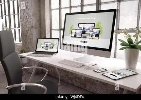 3D-Rendering des gewerblichen Büro mit Geräten angezeigt responsive Design Website Stockfoto