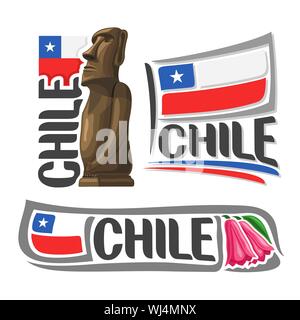 Vektor logo Chile, 3 isolierte Illustrationen: Moai Stein Statue Kopf auf der Osterinsel auf Hintergrund der nationalen State Flag, Symbol der Republik Chile ein Stock Vektor