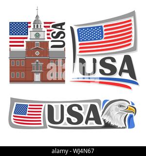 Vektor logo für USA, 3 isolierte Illustrationen: Independence Hall in Philadelphia auf den Hintergrund des American National State Flag, Symbol der USA Architekt Stock Vektor