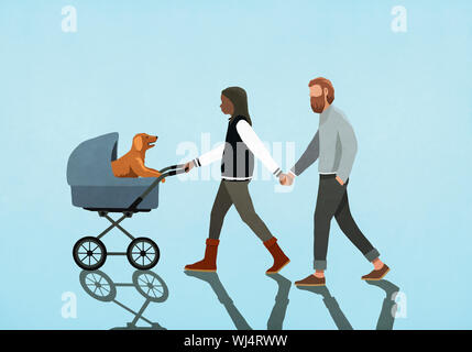 Paar Hände halten und Walking Welpe in Kinderwagen Stockfoto