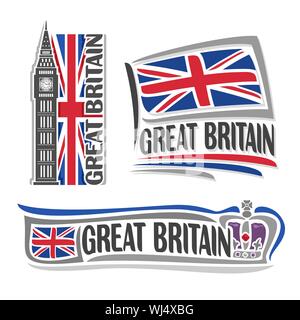 Vector Illustration logo für Großbritannien Architektur, 3 isolierte Illustrationen: Flagge Union Jack mit Big Ben, britisches Englisch Symbol des Vereinigten König Stock Vektor