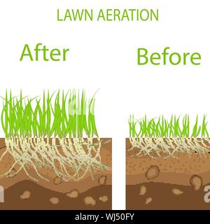 Rasen Stadium Belüftung Abbildung. Gartenarbeit Rasen, Landschaft Design Services. Grüne Wiese mit auf dem Boden im Zusammenhang mit der Belüftung von Vorteil. Stock Vektor