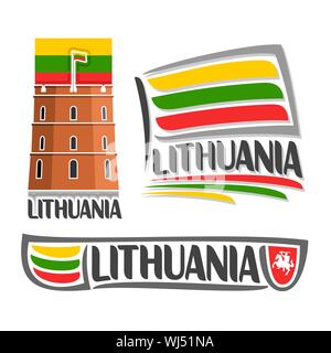 Vektor logo für Litauen, 3 isolierte Illustrationen: Gediminas-turm auf dem Hintergrund der nationalen State Flag, Symbol der Litauen Architektur und lithua Stock Vektor