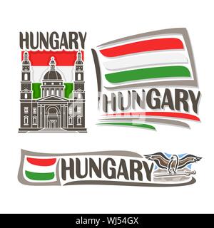 Vektor logo für Ungarn, bestehend aus 3 isolierte Illustrationen: St. Stephans Basilika auf dem Hintergrund der nationalen State Flag, Symbol der Ungarn und Hu Stock Vektor