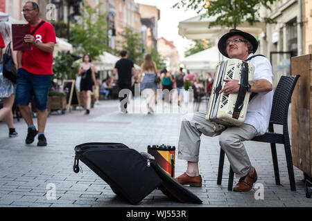Ein Akkordeonspieler, die auf der Straße im Zentrum der Stadt. Stockfoto