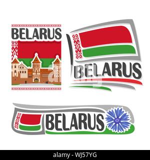 Vektor logo für Belarus, 3 isolierte Illustrationen: nesvizh Burg auf dem Hintergrund der nationalen State Flag, Symbol der Republik Belarus Architektur und sein Stock Vektor