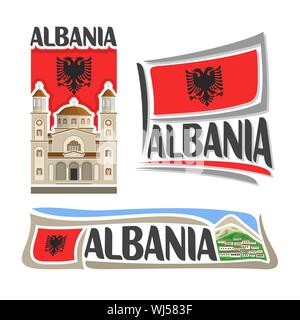 Vektor logo für Albanien, 3 isolierte Illustrationen: Saint Demetrius Orthodoxe Kathedrale in Berat, national State Flag, Symbol der Republik Albanien arc Stock Vektor