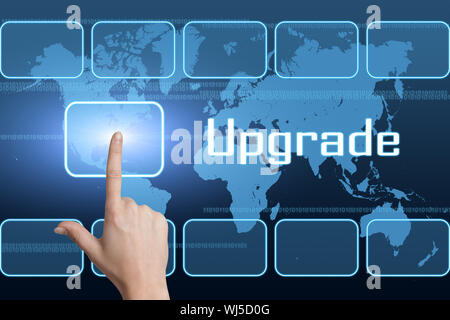 Upgrade Konzept mit Schnittstelle und Weltkarte auf blauem Hintergrund Stockfoto