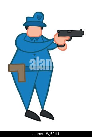 Vector Illustration Polizist pointing Gun. Hand gezeichnet. Farbige Konturen. Stock Vektor