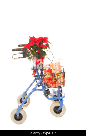 Blaue Walker mit Weihnachtsgeschenke und Weihnachtsstern isoliert auf weißem Hintergrund Stockfoto