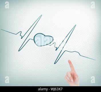 Das zusammengesetzte Bild im Finger auf Herz in EKG-Linie Stockfoto