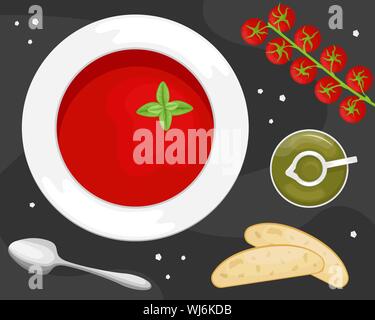 Gazpacho Suppe in einer Platte mit Scheiben Ciabatta, Olivenöl und Tomaten. Flach. Flache Vector Illustration. Stock Vektor