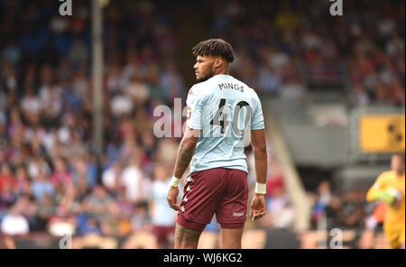 Tyrone Mings von Aston Villa In der Premier League Match zwischen Crystal Palace und Aston Villa an der Selhurst Park, London, 31. August 2019 die redaktionelle Nutzung nur. Kein Merchandising. Für Fußball Bilder FA und Premier League Einschränkungen Inc. kein Internet/Mobile Nutzung ohne fapl Lizenz - für Details Kontakt Fußball Dataco Stockfoto