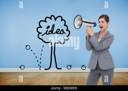 Zusammengesetztes Bild der Geschäftsfrau mit Lautsprecher Stockfoto