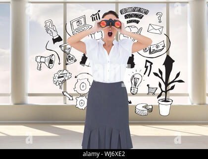 Zusammengesetztes Bild schockiert elegante Geschäftsfrau Blick durch ein Fernglas beim posieren Stockfoto