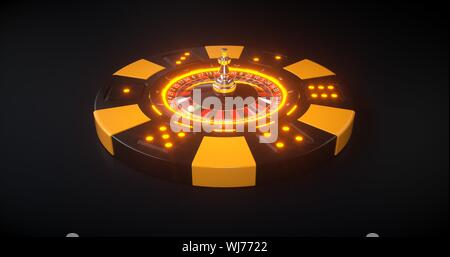 3D-Rendering von Casino Chip mit Roulette Rad innen mit Neonlicht - Auf Dem Schwarzen Hintergrund isoliert Stockfoto