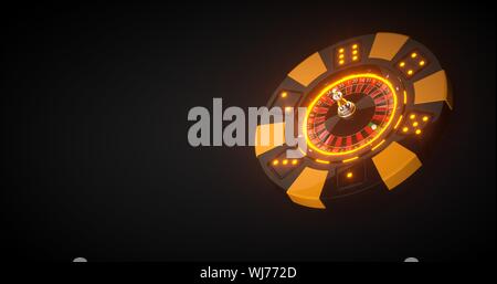 3D-Rendering von Casino Chip mit Roulette Rad innen mit Neonlicht - Auf Dem Schwarzen Hintergrund isoliert Stockfoto