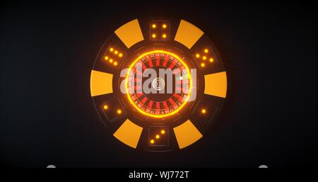 3D-Rendering von Casino Chip mit Roulette Rad innen mit Neonlicht - Auf Dem Schwarzen Hintergrund isoliert Stockfoto