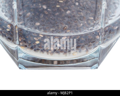 Seitenansicht von Chia Samen absorbiert Wasser und machte gallertartige Konsistenz in Glas close-up Ausschnitt auf weißem Hintergrund Stockfoto