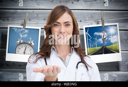 Zusammengesetztes Bild des Porträts von Krankenschwester durchhalten öffnen palm Stockfoto