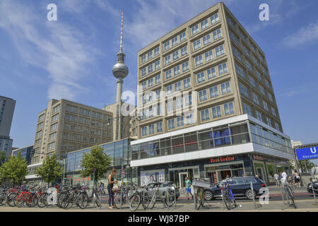 Alex, Alexander's Place, Aussicht, Architektur, Außen, Draußen, Draußen, Außen, Bank, Banking Corporation, Bank, Berlin, Berlin mi Stockfoto