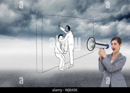 Zusammengesetztes Bild der Geschäftsfrau mit Lautsprecher Stockfoto