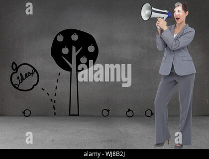 Zusammengesetztes Bild der Geschäftsfrau mit Lautsprecher Stockfoto