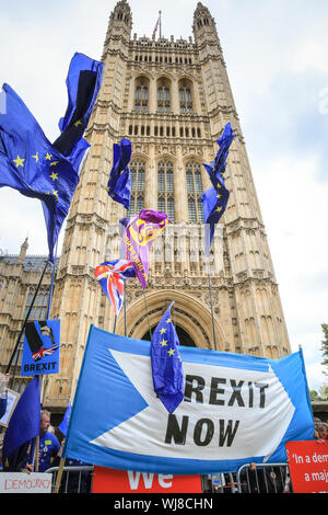 Westminster, London, Großbritannien. 03. Sep 2019. Pro- und Anti-Brexit Demonstranten Rallye außerhalb des Houses of Parliament in Westminster am Tag MPs zurück zum Parlament und vor mehrere wichtige Debatten und Abstimmungen über das Potenzial einer no-deal Brexit, sowie die Vertagung des Parlaments. Credit: Imageplotter/Alamy leben Nachrichten Stockfoto