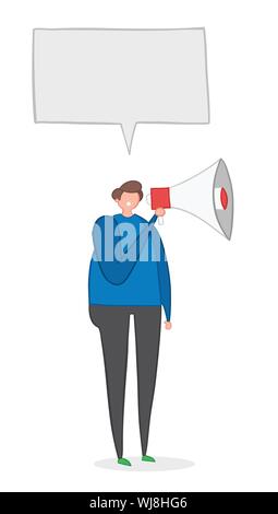 Vector Illustration Mann mit Megaphon und sprechen. Hand gezeichnet. Farbige Konturen. Stock Vektor