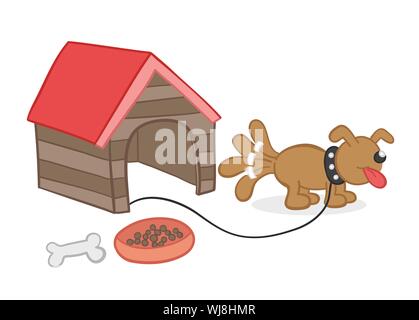 Vector Illustration Hund, Hundehütte, Essen und Knochen. Hand gezeichnet. Farbige Konturen. Stock Vektor
