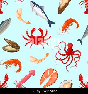Muster mit Tintenfisch, Fisch, Garnelen, Hummer, Tintenfisch, oyste Stock Vektor
