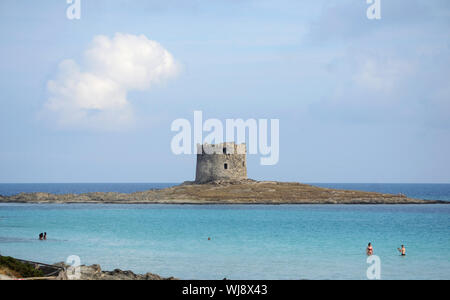 Stintino, Italien, Sardinien, August 08, 2019, die wenigen Touristen, die in der klaren, türkisfarbenen Wasser von La Pelosa Strand am frühen Morgen baden mit der Stockfoto