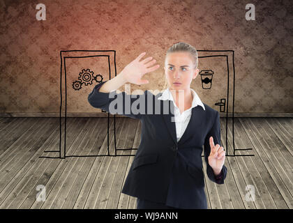 Zusammengesetztes Bild der blonden Geschäftsfrau zeigt irgendwo Stockfoto