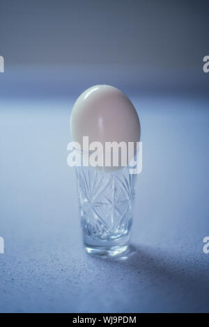 Gekochtes Huhn Ei in einem Kristall Glas auf dem Tisch geschält, Blauer Hintergrundbeleuchtung. Stockfoto