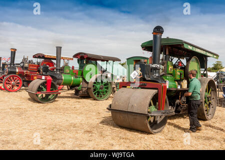 Das Line-up der sortierten Traktion Motoren und Walzen an der 2018 Low Ham Steam Rally, Somerset, England, Großbritannien Stockfoto