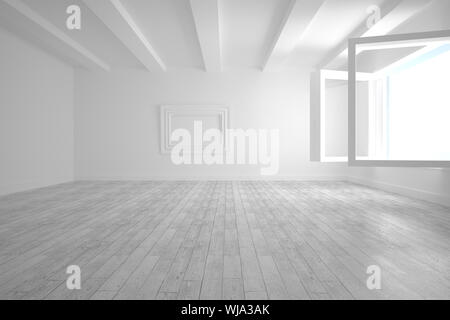 Weiß, großes Zimmer mit geöffneten Fenster und Dielen Stockfoto