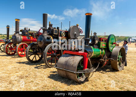 Das Line-up von glänzenden Lack und poliertem Messing auf sortierten Zugmaschinen am 2018 Low Ham Steam Rally, Somerset, England, Großbritannien Stockfoto